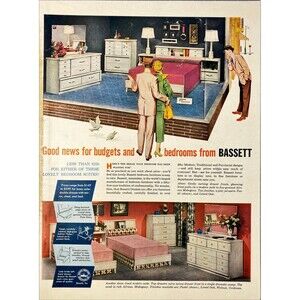 Bassett Furniture "Good News for Bedroom Budgets" Vintage Print Ad 1957